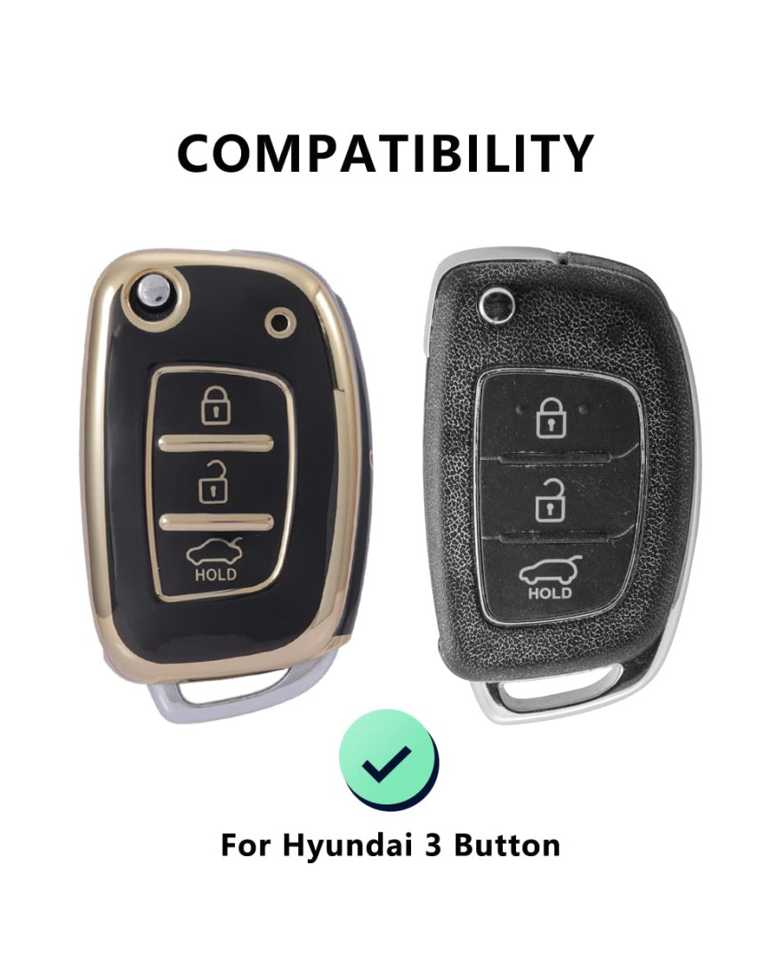 Keycare TPU Key Cover For Hyundai Creta, I20, Venue, Tucson, Alcazar, Grand I10, Aura, Xcent Flip Key | TP10 Gold Black